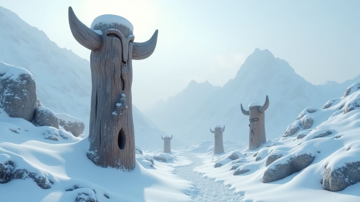 Wooden Viking totems surrounded by snow and icy mountains.