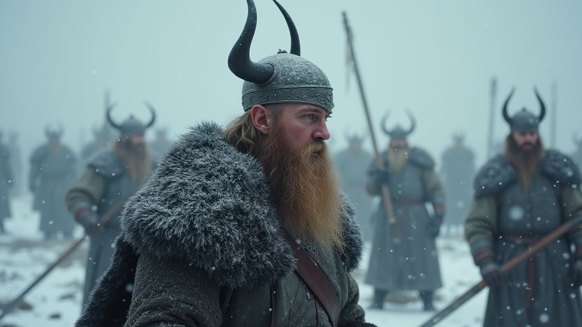 A Viking warrior preparing for battle in a snowy landscape.