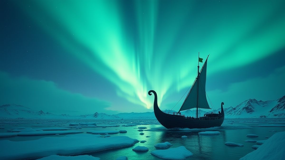 A Viking ship sailing through icy waters under the northern lights.