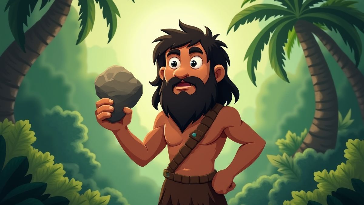 Cavernícola sosteniendo una herramienta de piedra en una jungla prehistórica.