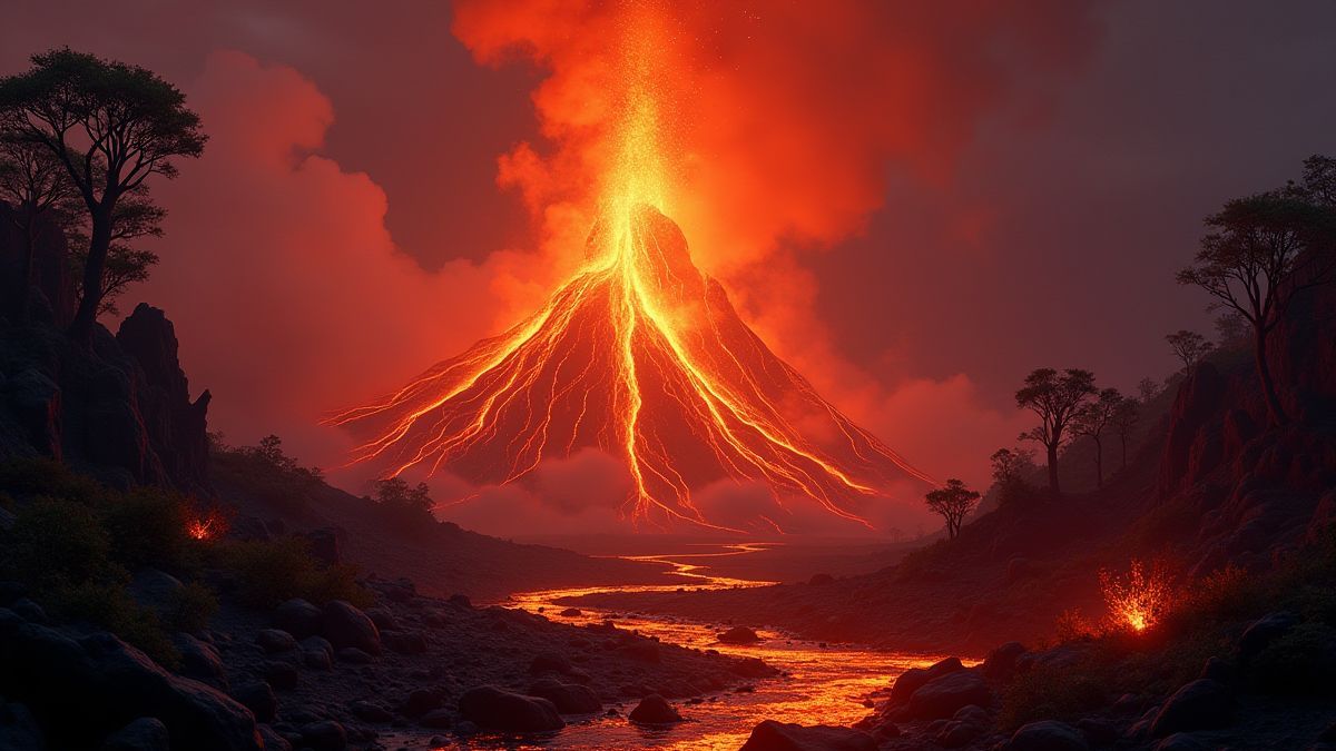 Erupción volcánica con lava fluyendo entre vegetación prehistórica.