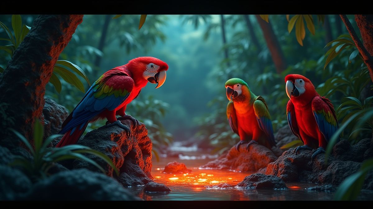 Une jungle tropicale avec des perroquets et de la lave éclatante.