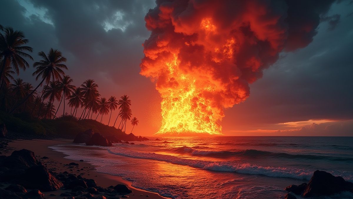 Explosion de lave sur une île tropicale.