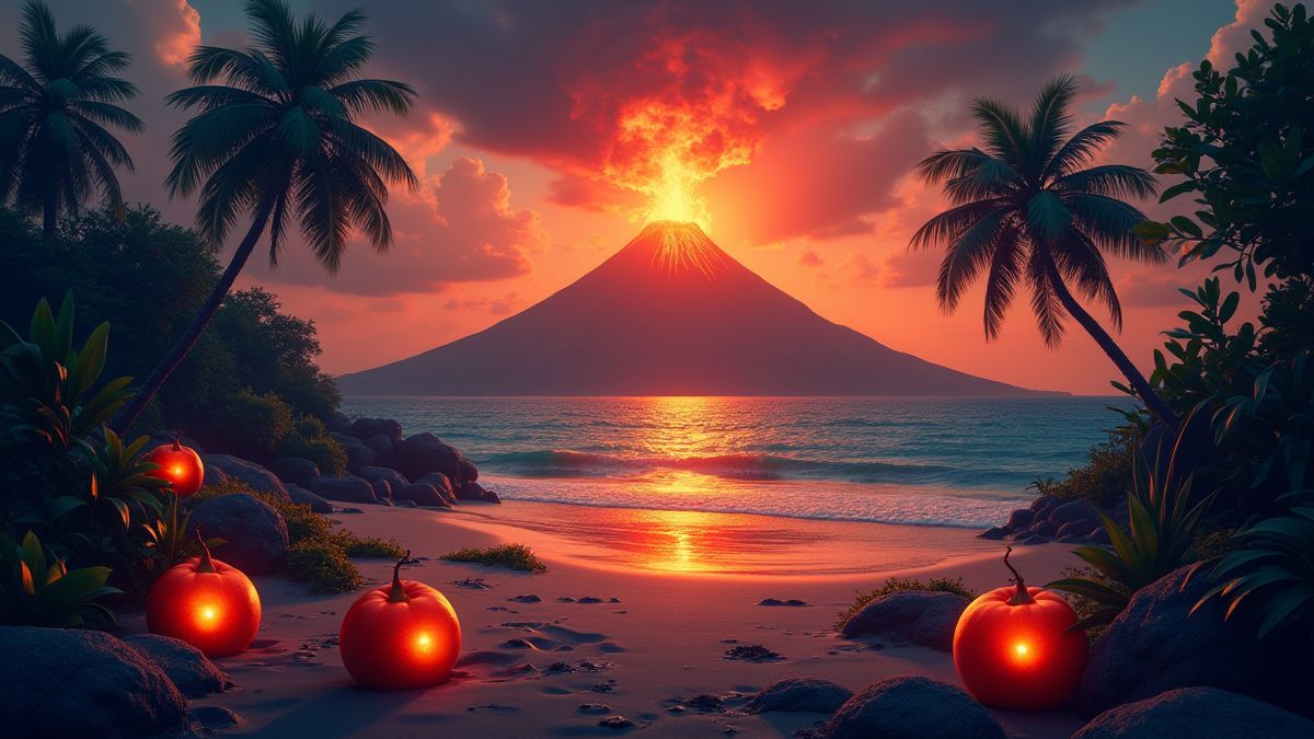 Isla tropical con un volcán en erupción y frutas brillantes.