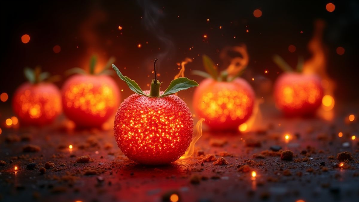 Frutas tropicales brillantes rodeadas de efectos ardientes.