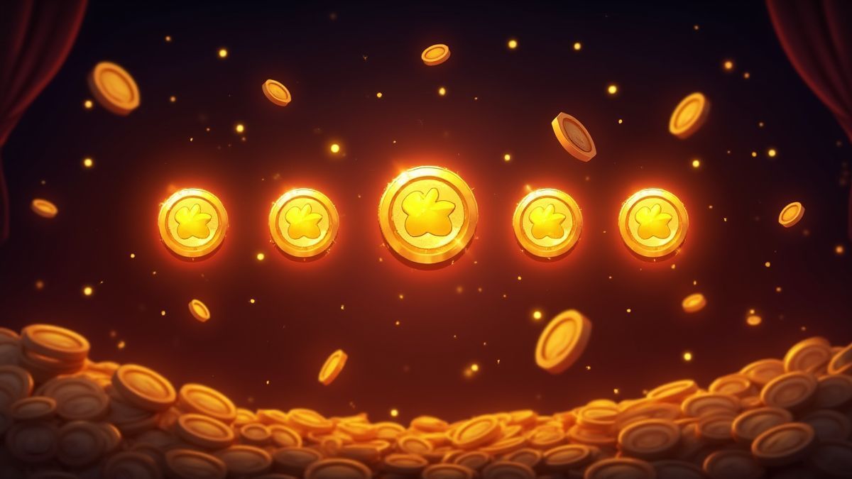 Interfaz del slot con símbolos Scatter brillantes y monedas volando.