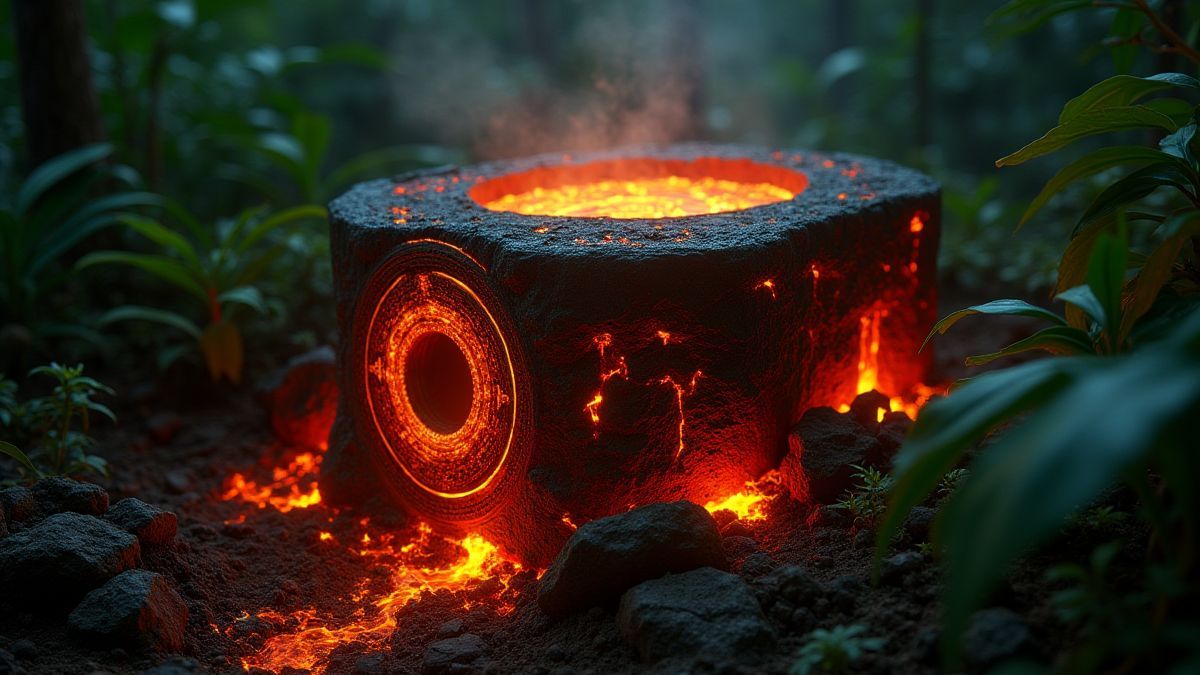 Ancient artifact glowing with lava and vegetation