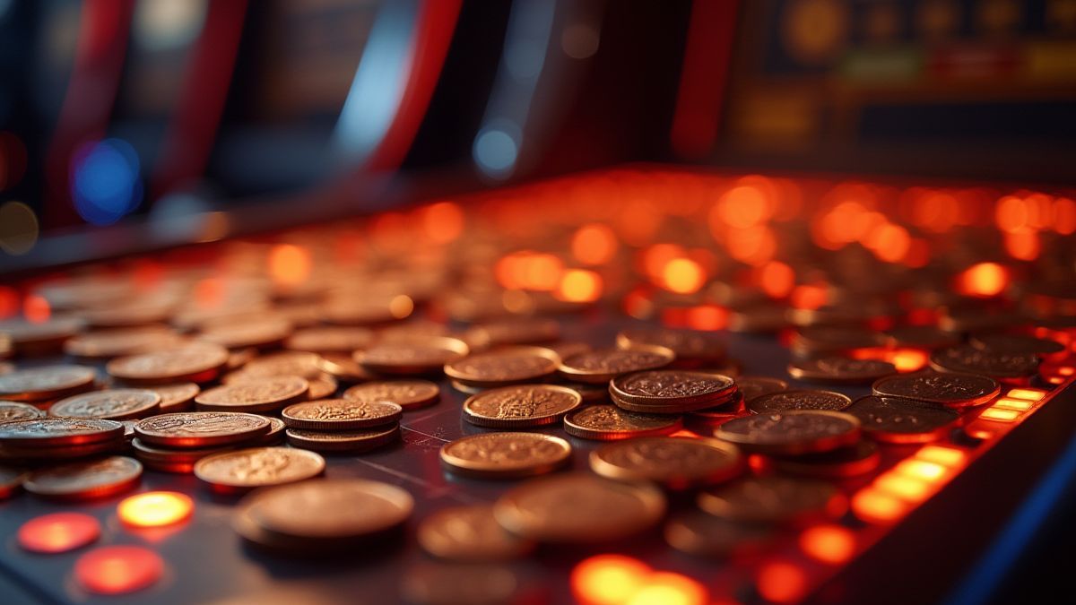 Monedas dispersas sobre un panel de máquina tragaperras brillante.