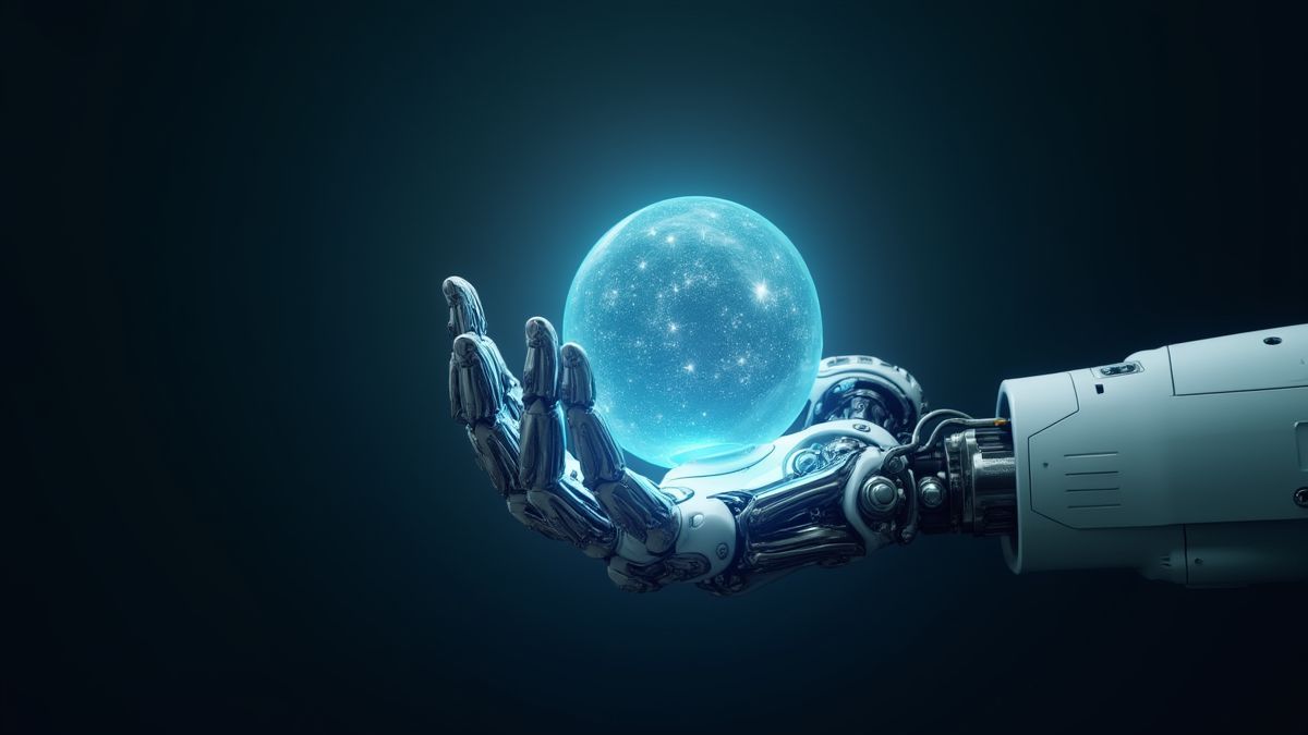 Mano robótica sosteniendo una esfera eléctrica brillante.