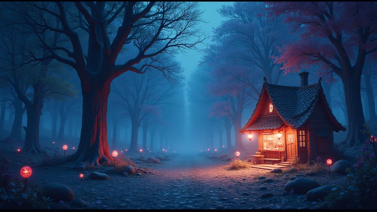 Uma floresta mágica com árvores brilhantes e uma loja de doces iluminada.