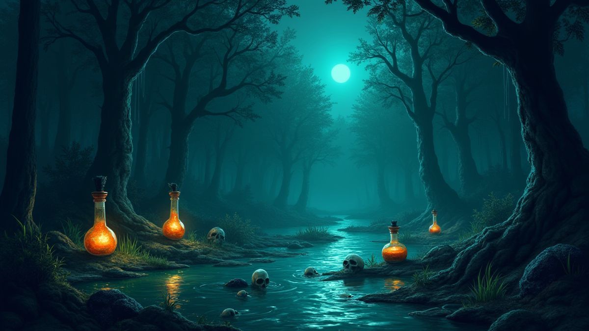 A dark and magical swamp with voodoo elements.