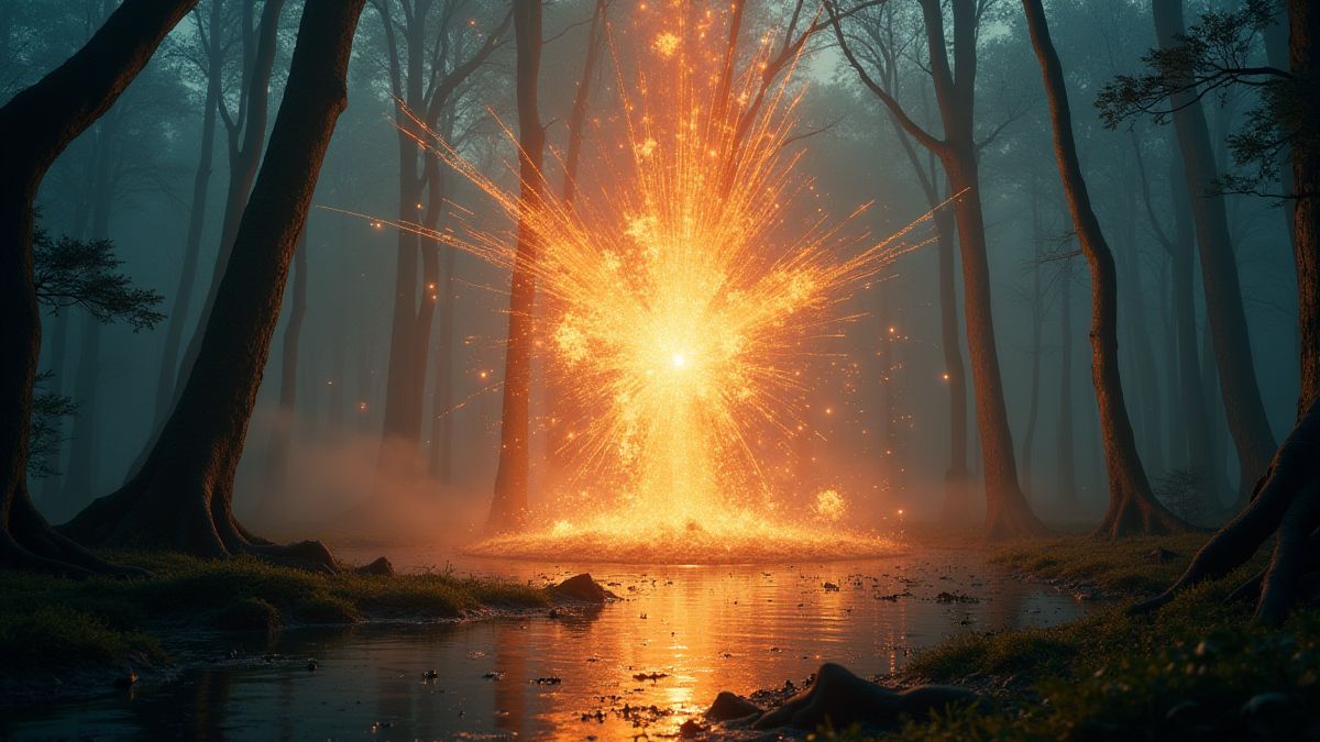 Explosion of magical symbols in a voodoo setting.