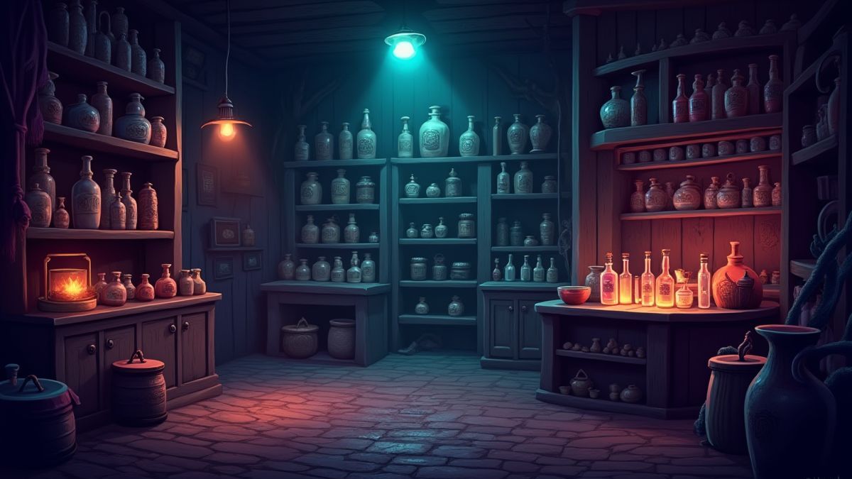 Interior de uma loja de vudu com poções brilhantes e elementos místicos.