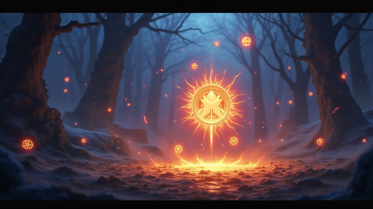 Cena mágica com símbolos brilhantes flutuando durante uma rodada de giros gratuitos.