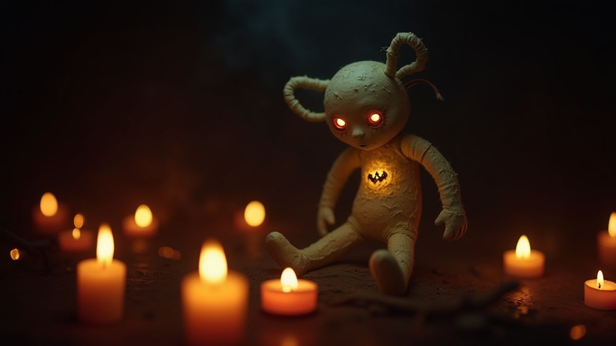 Una muñeca vudú iluminada por velas en una habitación oscura.