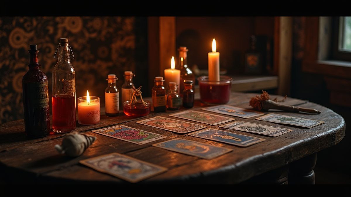 Mystische Tisch mit Tarotkarten, Kerzen und Flaschen von Tränken.
