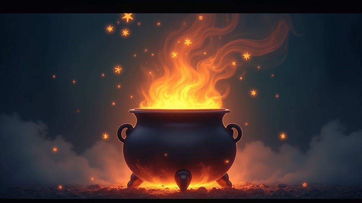 Ein leuchtender Kessel umgeben von magischem Nebel und schwebenden Symbolen.