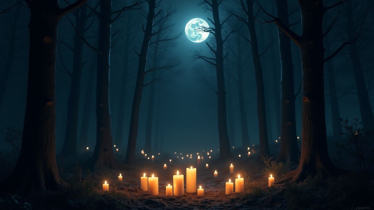 Une forêt avec des bougies allumées et des symboles mystérieux sous la lumière de la lune.