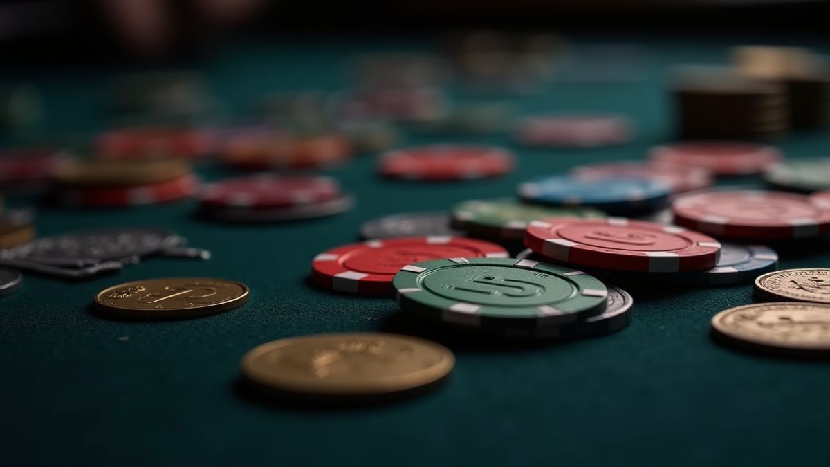 Des pièces et des jetons de casino sur une table avec une thématique sombre.