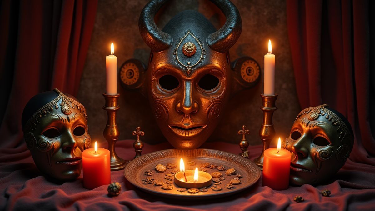 Ein Voodoo-Altar mit Kerzen und leuchtenden magischen Symbolen