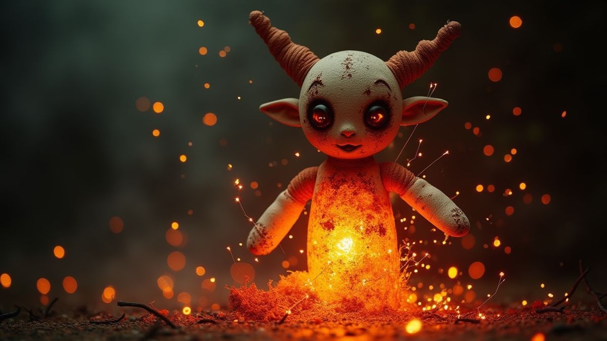 Eine strahlende Voodoo-Puppe umgeben von magischen Funken