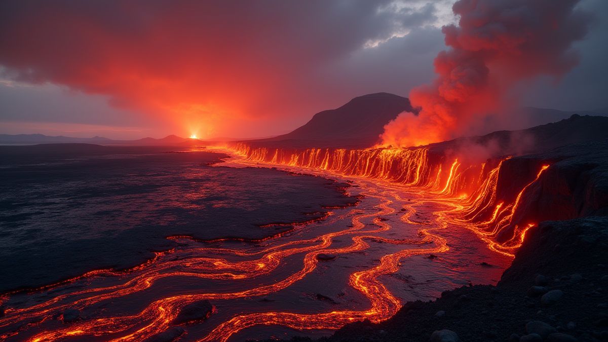 Paisaje volcánico con lava fluyendo.