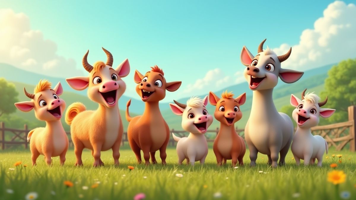 Animated farm animals having fun in a picturesque field.