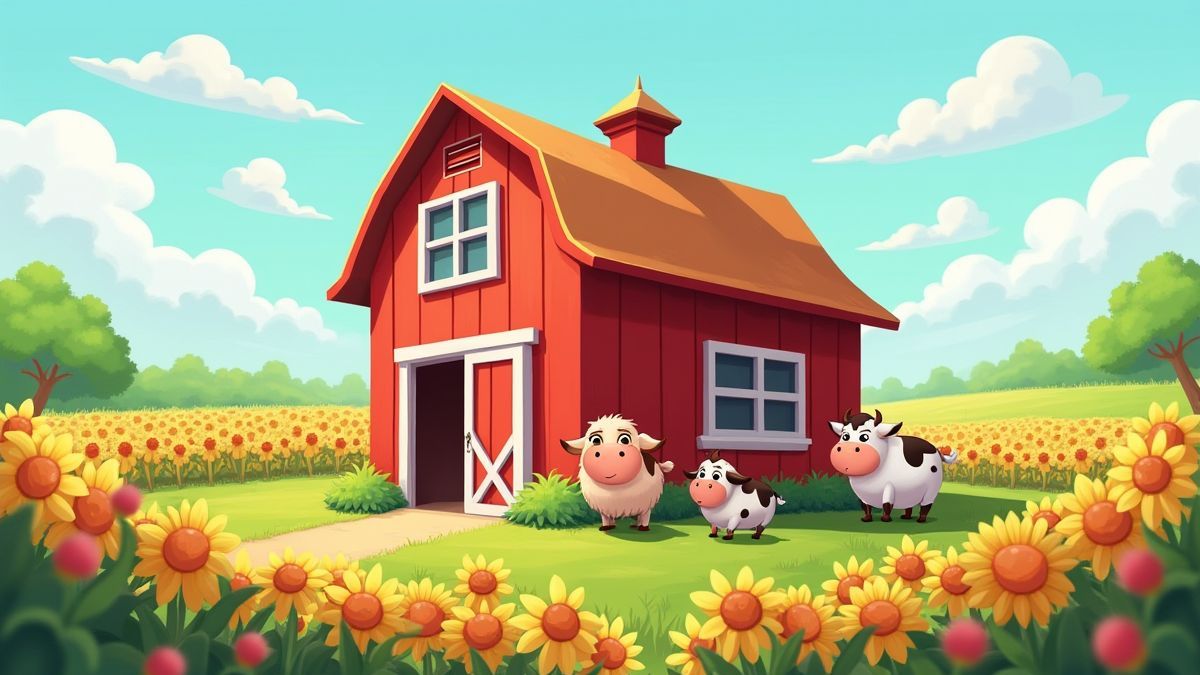 A vibrant barn surrounded by crops and animated animals.