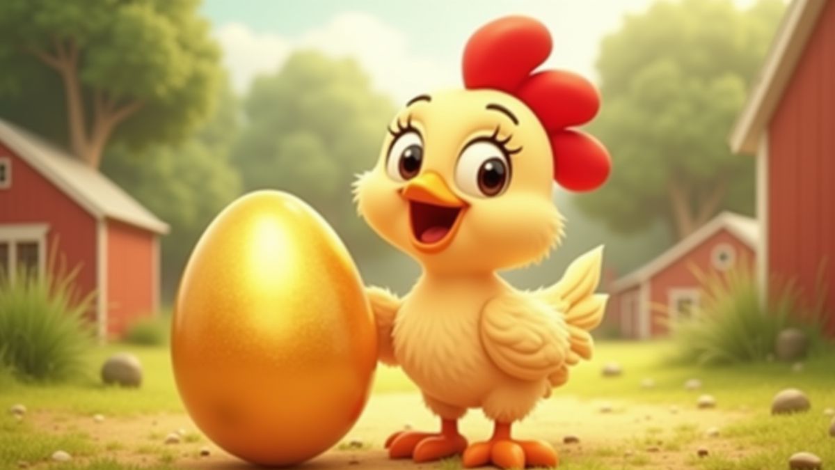 An animated chicken holding a golden egg in a cartoon farm setting.