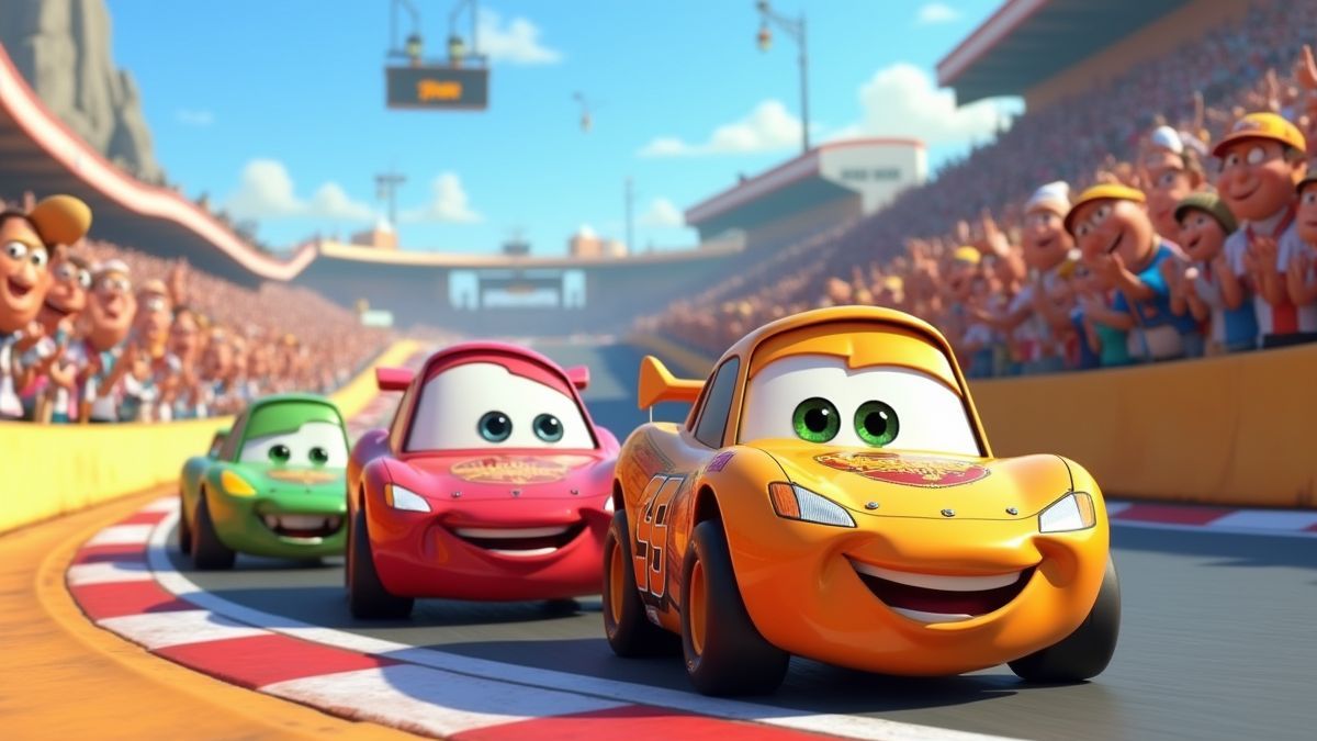 Extravagant race cars on an animated colorful track.
