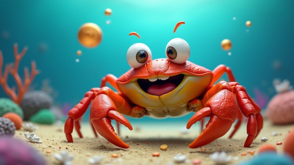 Un cangrejo sonriente con monedas en el fondo del océano.