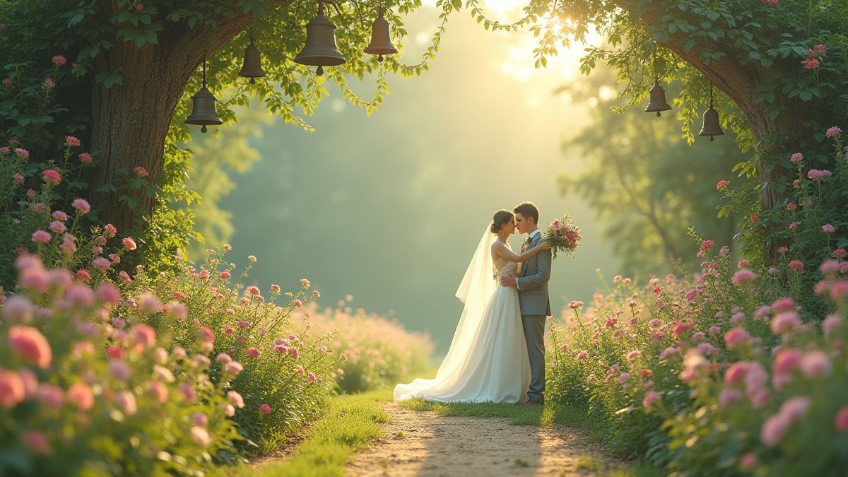 Una boda en un jardín lleno de flores y campanas.