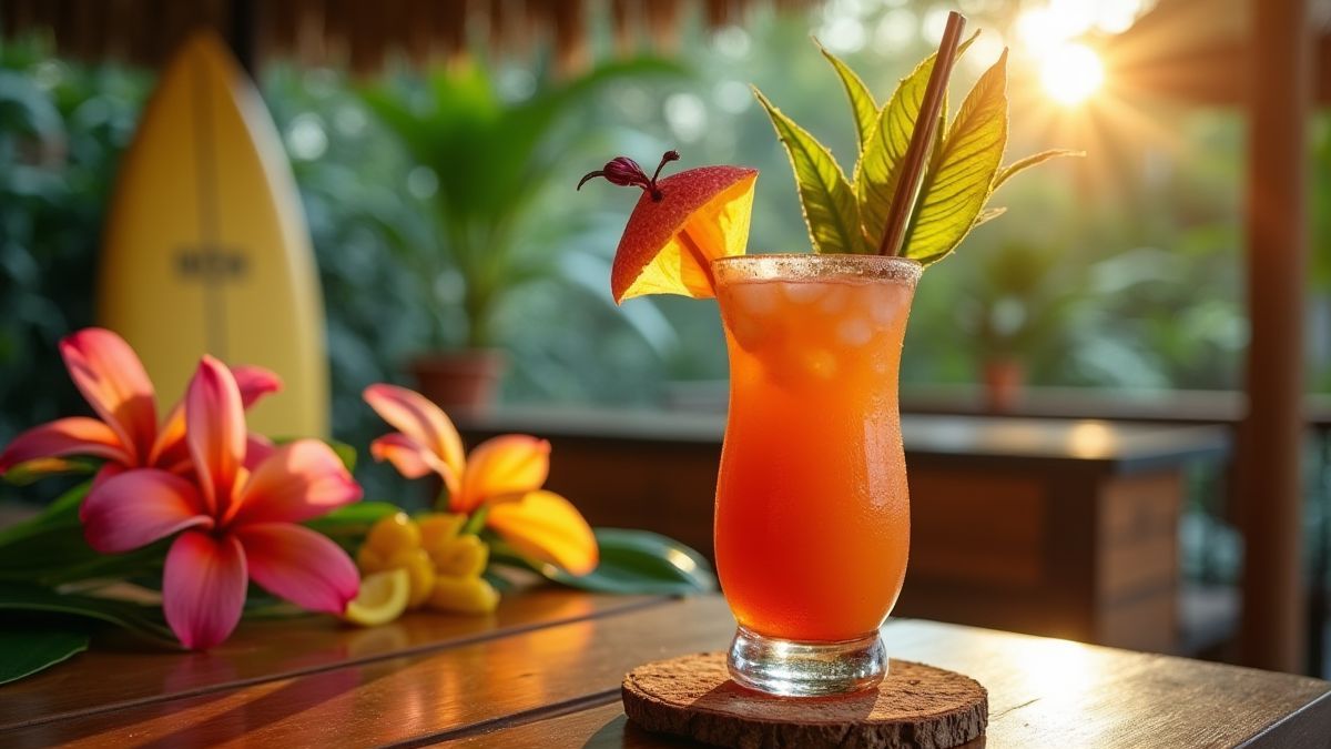 Tiki-Cocktail auf einem Holztisch mit hawaiianischen Blumen und einem Surfbrett im Hintergrund.