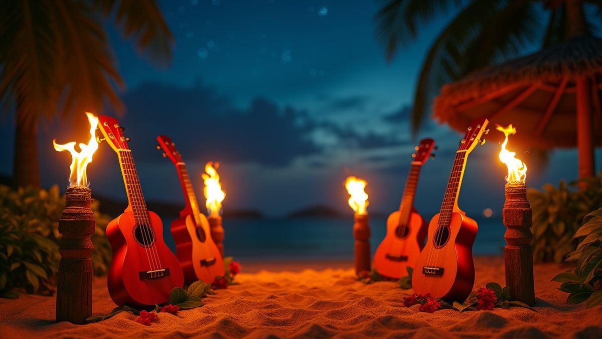 Szene einer hawaiianischen Luau-Party mit Ukulelen und Tiki-Fackeln unter einem sternenklaren Himmel.