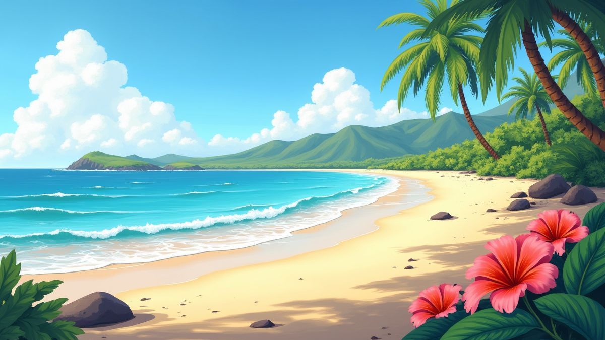 Hawaiianische Strand mit sanften Wellen, tropischen Blumen und Palmen, die sich in der Brise wiegen.