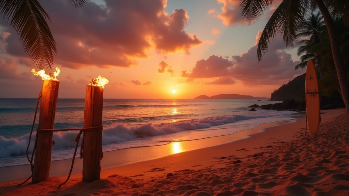 Hawaiianischer Strand bei Sonnenuntergang mit Tiki-Fackeln und Surfboards.