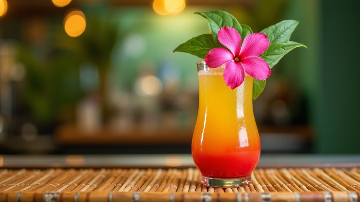 Tropischer Cocktail mit dekorativer Blume an einer Bambusbar.