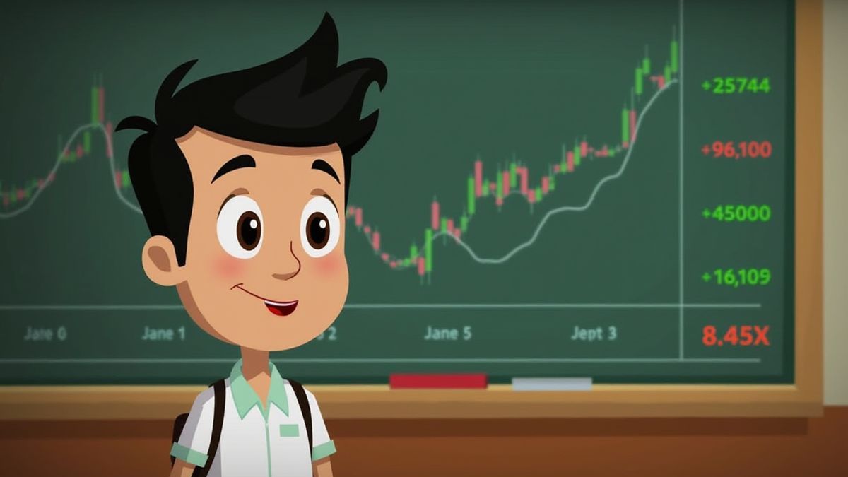 Personagem animado aprendendo sobre a bolsa com uma lousa de tendências.