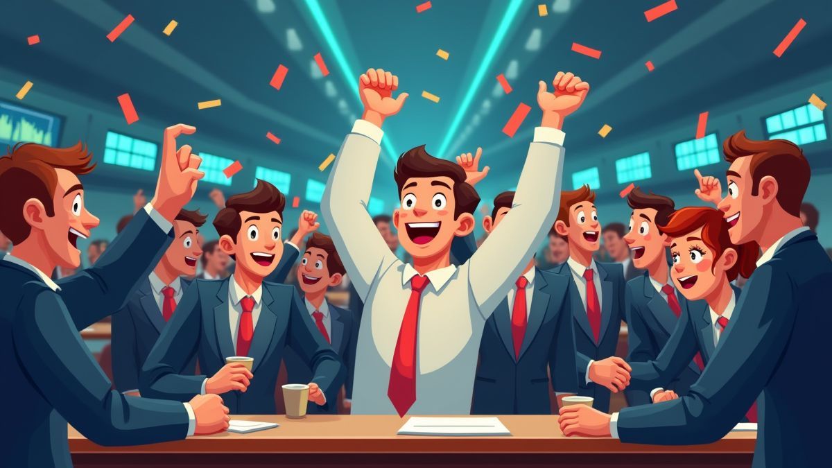 Animación de corredores de bolsa celebrando una gran victoria en una sala de comercio.