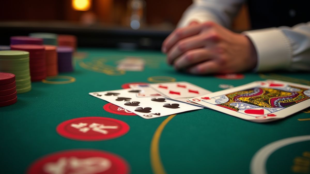 Casino table with chips and cards.