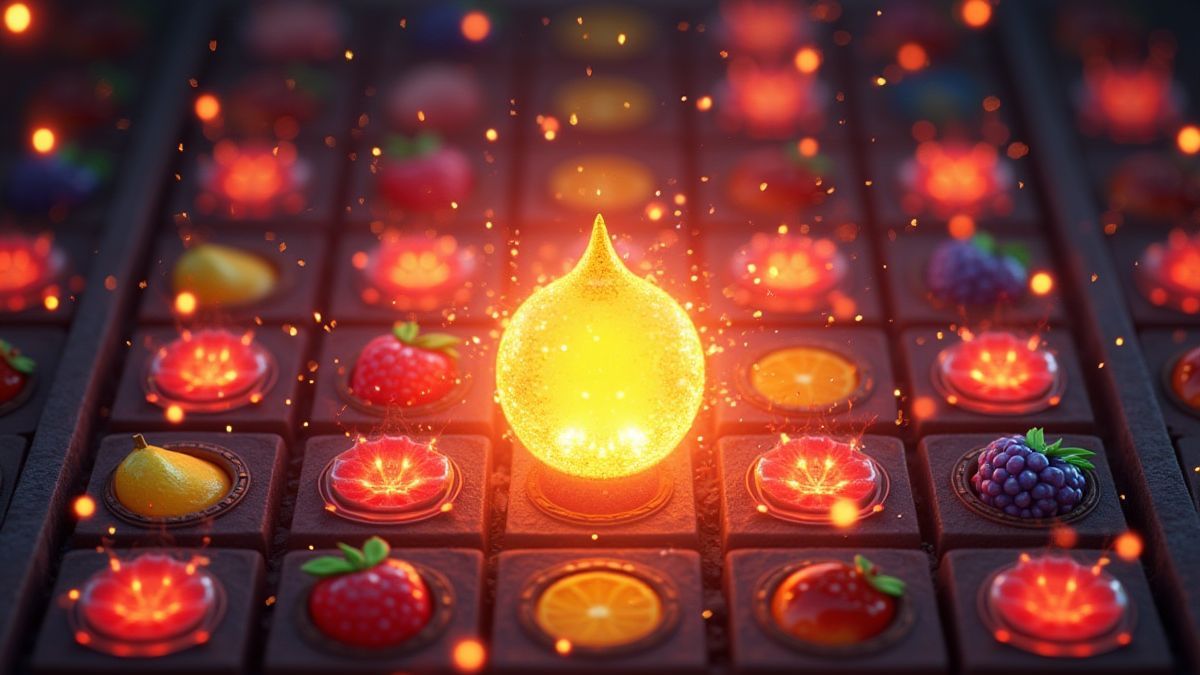 Bright fruits on a slot grid with a glowing Wild symbol.