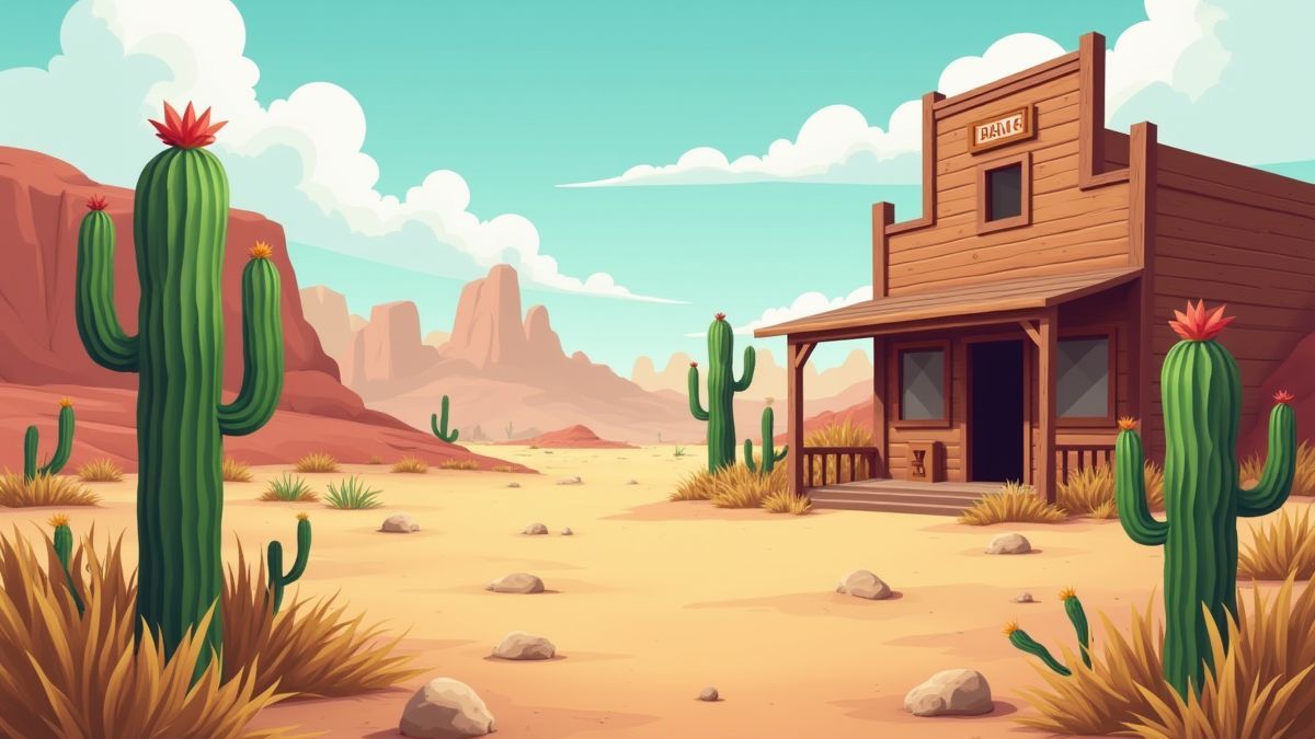 Scène du désert avec des cactus et un salon en bois.