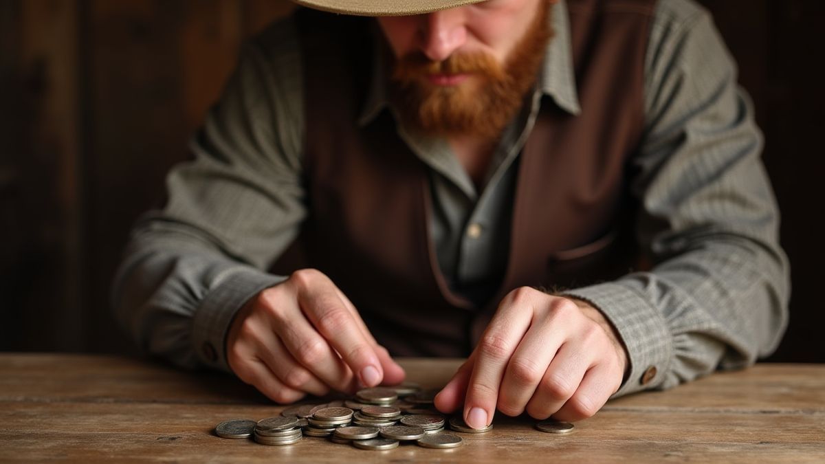 Cowboy comptant des pièces sur une table en bois.
