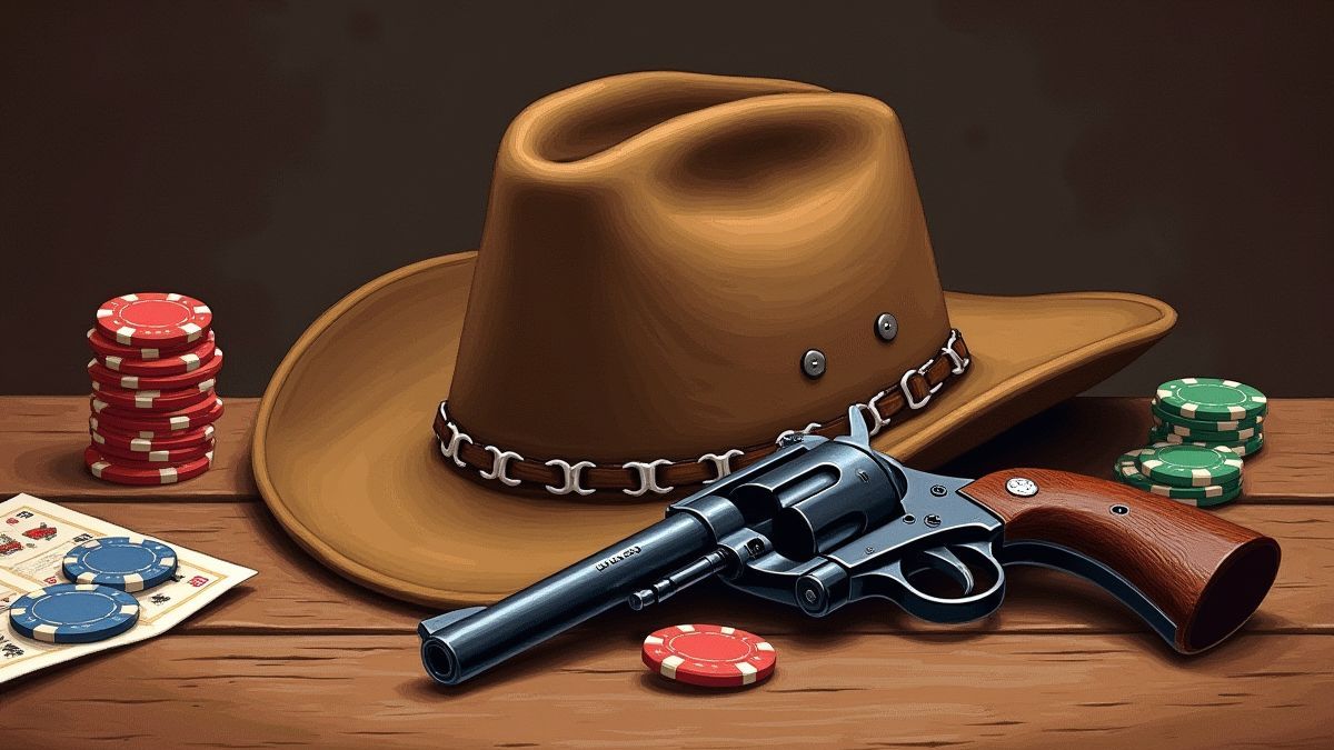 Sombrero de vaquero en una mesa con fichas de póker y un revólver.