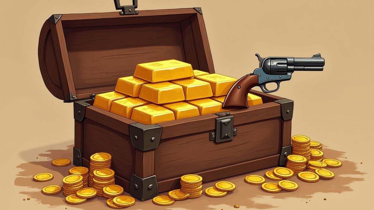 Lingotes de oro apilados en un cofre junto a monedas y un revólver.