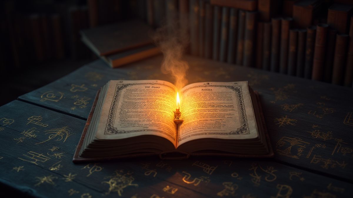 Um livro de feitiços brilhante rodeado de runas mágicas