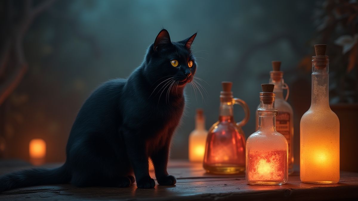 Um gato negro místico frente a botellas de poção brilhantes