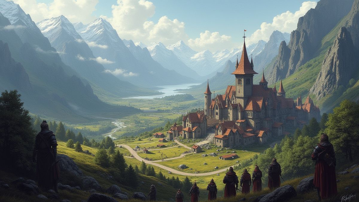 Ein mittelalterliches Dorf, umgeben von Bergen, mit Kriegern, die sich auf die Schlacht vorbereiten.