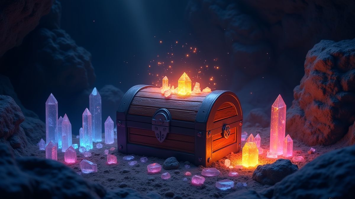 Eine Schatztruhe umgeben von magischen Kristallen.