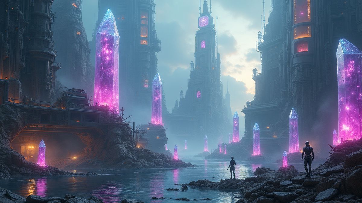 A futuristic city with bright crystals and advanced robots.